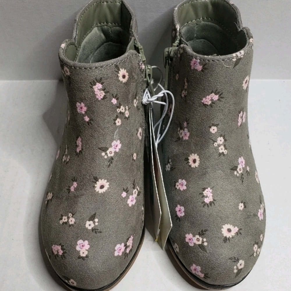 Cat and Jack Girl Bootie Ankle Boots- Sz 9 Gray Pink Flowers Zip New with Tag